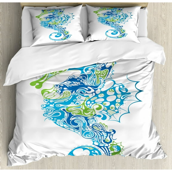 Seahorse King Size Duvet Cover Set, Seahorse Design with Abstract Curvy and Wavy Geometric Forms, Decorative 3 Piece Bedding Set with 2 Pillow Shams, Lime Green Blue and Night Blue, by Ambesonne