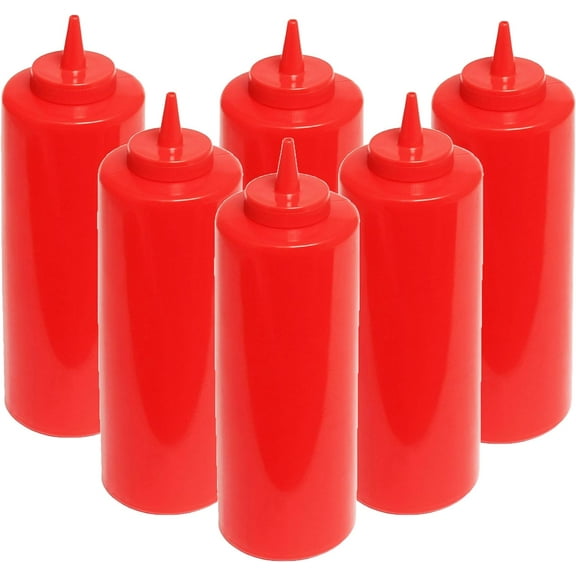 TrueCraftware- Set of 6 Squeeze Condiment Wide Mouth Dispensing Bottles 16 oz Red- Plastic Squeeze Bottle for Sauces Spreads Ketchup Mustard Mayo Hot sauces and Olive oil
