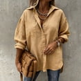 thumbnail image 2 of Women's Linen Shirts Solid Color Stand Collar Button Up Loose Casual Long Sleeve Shirt Long Sleeve Shirts for Women, 2 of 7