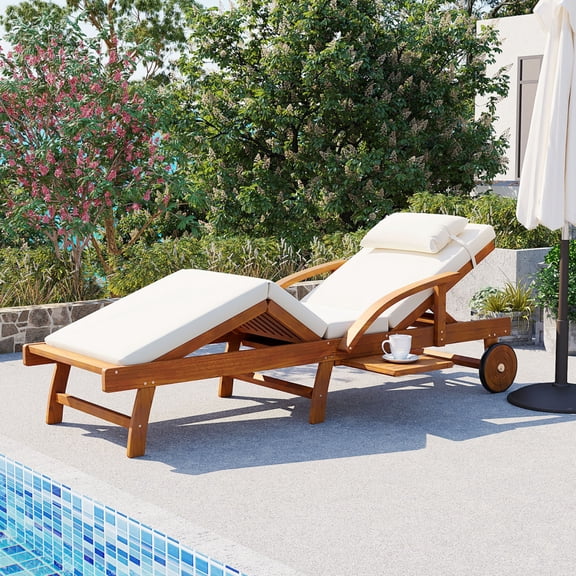 77.5" Adjustable Outdoor Lounge Chair with Acacia Wood Frame & Cushions, Reclining Backrest for Patio Poolside,Beige