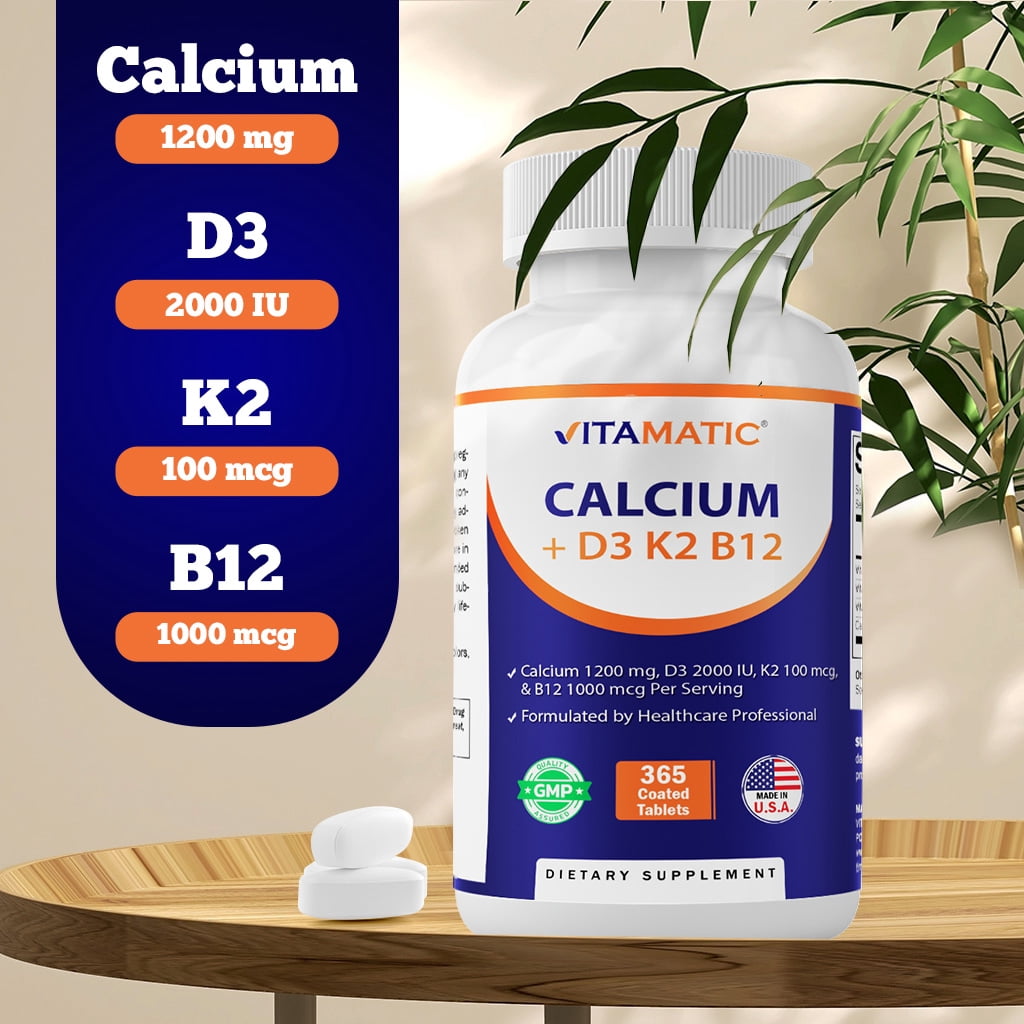 (2 pack) Vitamatic Calcium Supplement 1200mg with D3, K2 & B12, Immune & Bone Health Support - 365 Coated Tablets