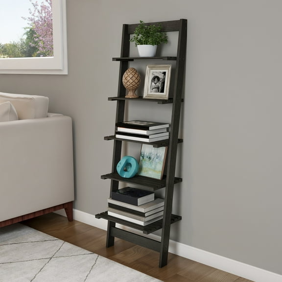 5-Tier Ladder Bookshelf- Leaning Decorative Shelves for Display-Wood Accent Home Decor for Living Room, Bathroom & Kitchen Shelving Lavish Home (Walnut)