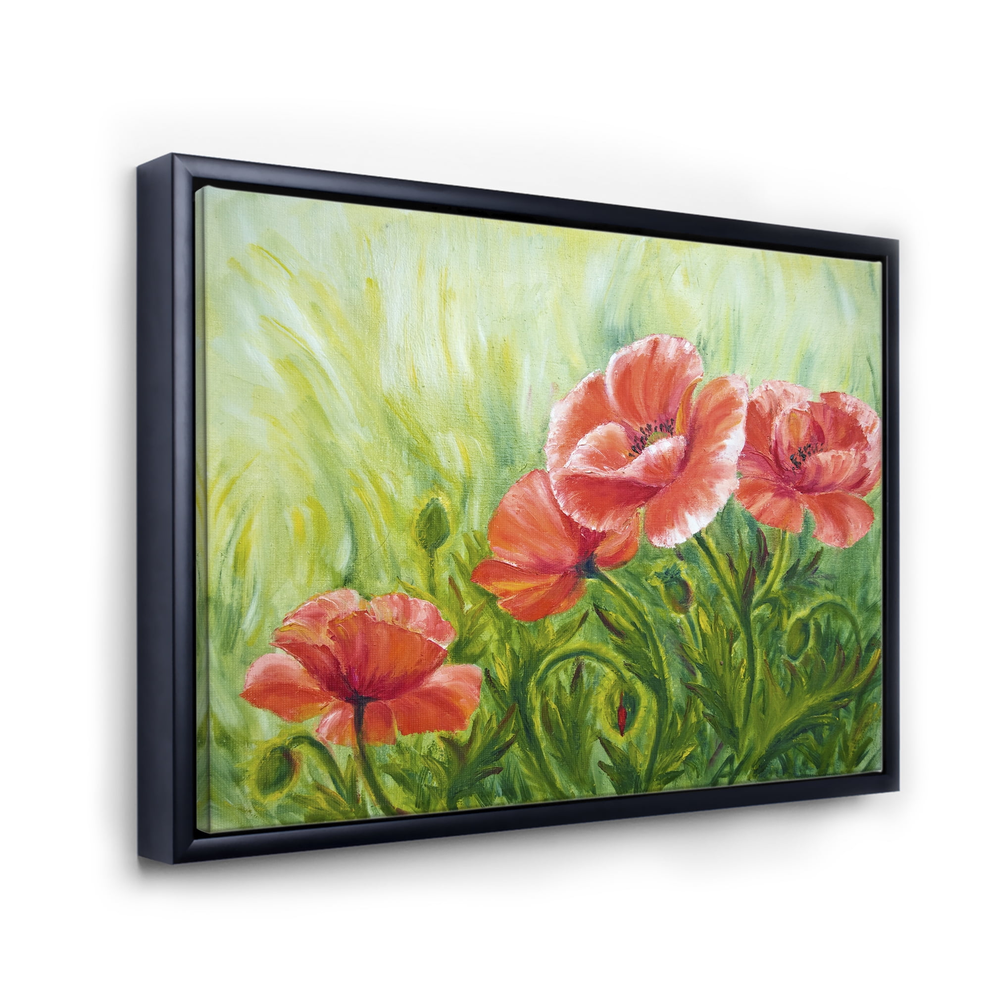 Designart 'Red Blossoming Poppies Over Wild Green III' Traditional Framed Canvas Wall Art Print