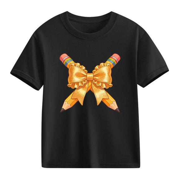 Juslio Girls Bow Shirts Short Sleeved Tops Comfortable, Breathable Crew Neck Casual T Shirts Sizes 2-18