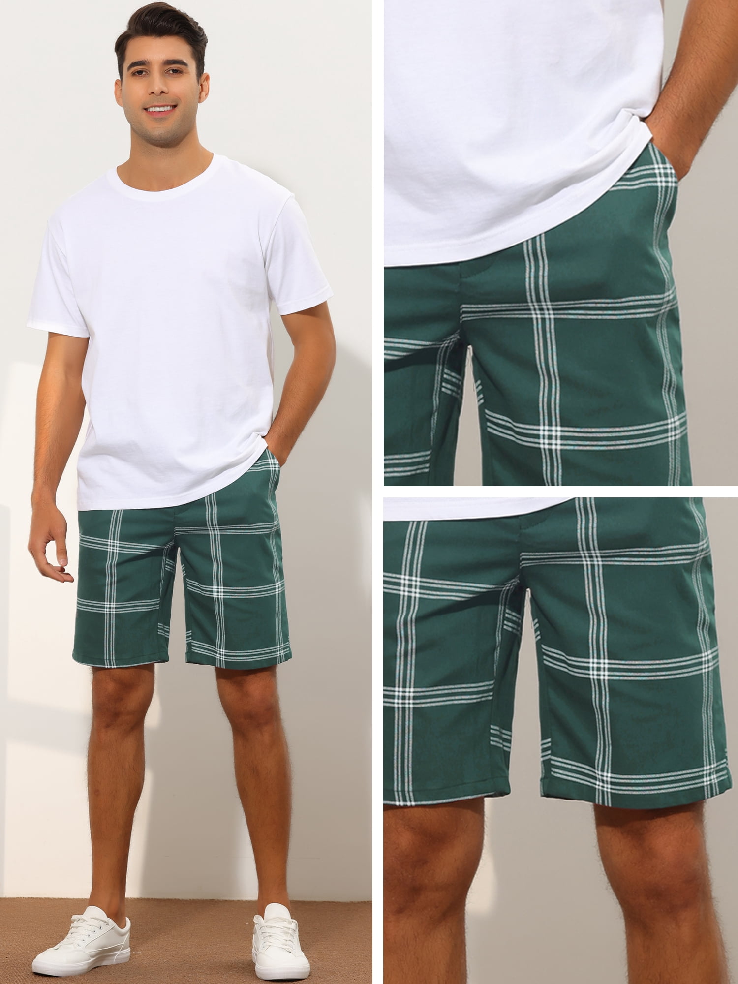 Unique Bargains Men's Plaid Short Regular Fit Flat Front Formal Summer Chino Shorts 28 Green