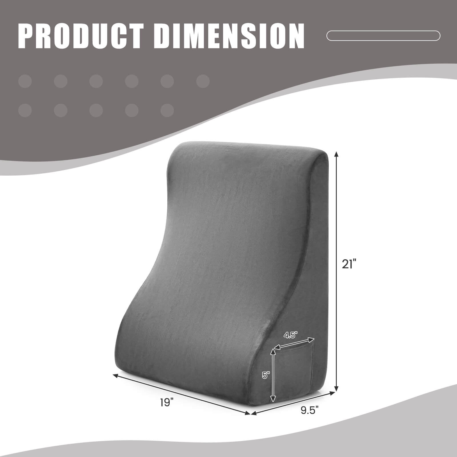 Costway Bed Wedge Pillow with Smooth Zipper Side Pockets Support for Back Grey