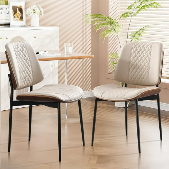 MYFUNT Dining Chairs Set of 2, Mid-Century Modern Kitchen Chairs with Walnut Bentwood Back and Metal Legs, Armless Side Chairs for Kitchen Dining Room, Beige