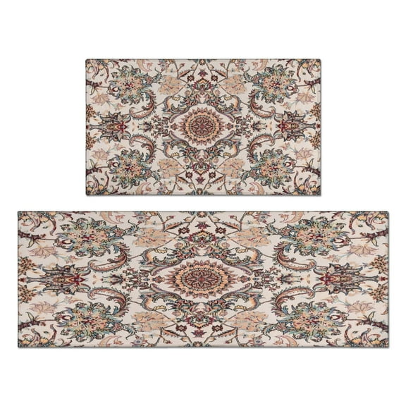 Boho Brown Vintage Carpet Rugs and Mats Non Skid Washable Absorbent Microfiber Soft Kitchen Mat for Floor Set Of 2 Decor Stain Resistant 17"x47" 17"x30"