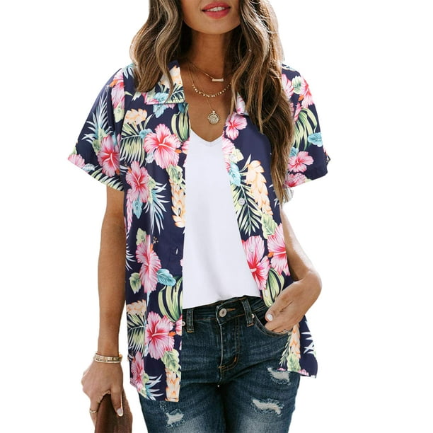 VILOVE Women Hawaiian Shirts Tropical Floral Printed Button Down V Neck