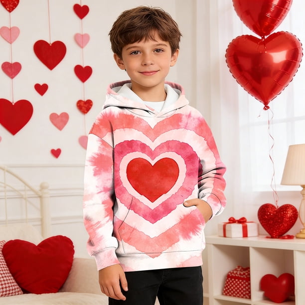 TaTaai Valentine's Day Printed Hoodie, Youth Long Sleeve Pullover, Pocket Casual Sweatshirt, Holiday Gift Apparel Gift