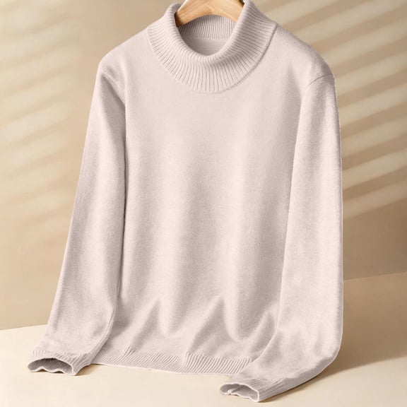 Women's Mock Neck Solid Color Sweater, Fleece Lined Winter Pullover, Warm Knitted Top, Thick Casual Autumn Winter Sweater, Loose Fit Turtleneck Beige L