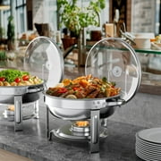 Chafing Dish Buffet Set 2 Pack: TINANA 5QT Stainless Steel Chafing Dishes for Buffet with Glass Lid & Lid Holder, Round Chafers and Buffet Warmers Sets for Parties, Events, Wedding, Camping, Dinner