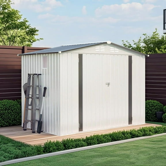 8X6 FT Metal Outdoor Storage Shed with Pitched Roof, Waterproof & Lockable Door, Side Window for Garden Tools, Bike and Sundries Storage – White   Gray