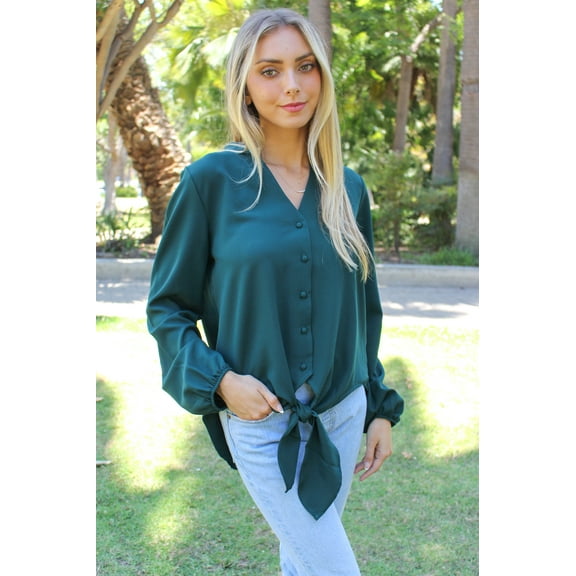 Women's V Neck Long Sleeves Button Detail Tie Front Top