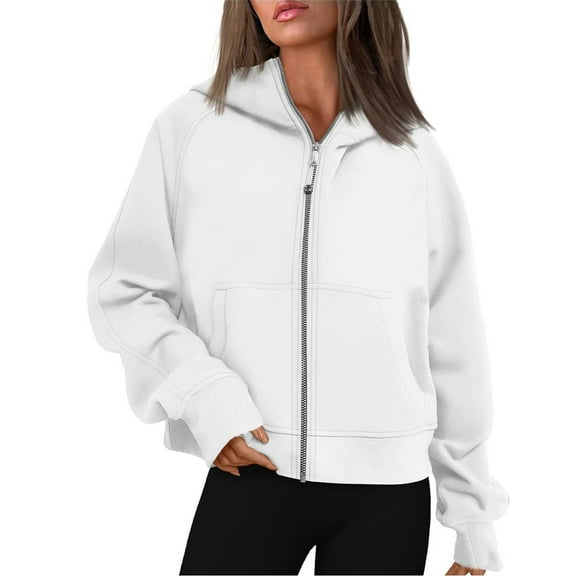 Charella Women Zip Up Hoodies Casual Long Sleeve Hooded Sweatshirt Solid Jackets Tops with Pockets White,XL