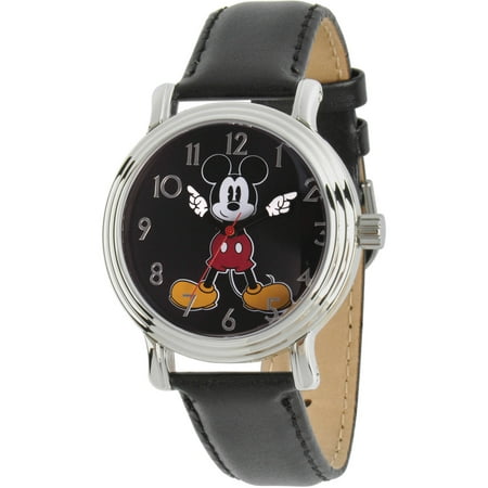 Disney, Articulating Mickey Mouse Women's Silver Vintage Alloy Watch, Black Leather Strap
