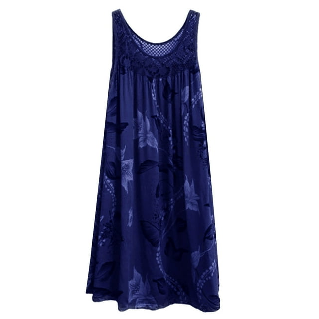 Birdeem Womens Spring/Summer Round Neck Lace Patchwork Printed Loose Sleeveless Dress