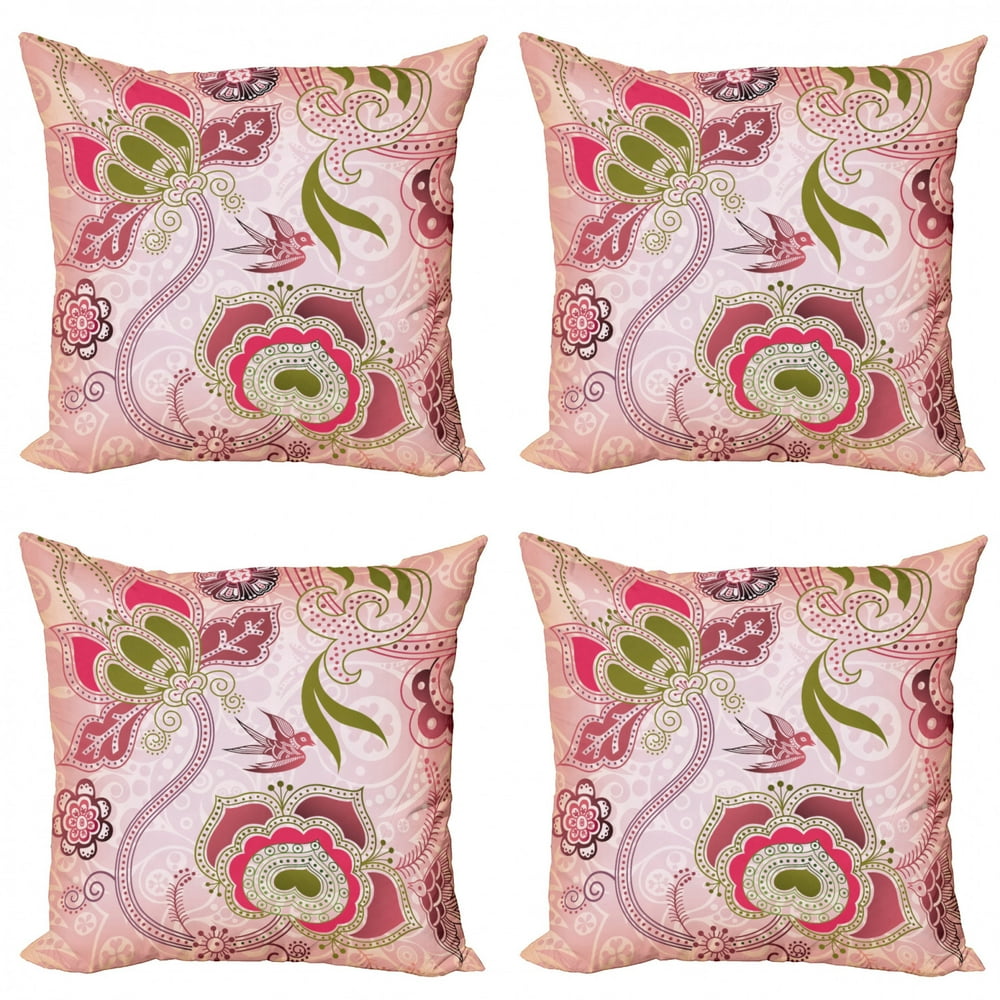 Ethnic Throw Pillow Cushion Case Pack of 4, Floral with Scroll Swirl Leaf Lines Boho Artwork