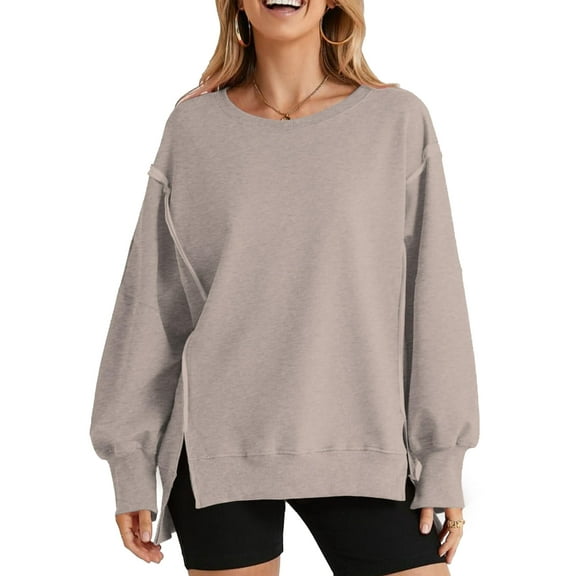 Women Oversized Sweatshirts Crewneck Side Slit Pullover Long Sleeve Casual Tops