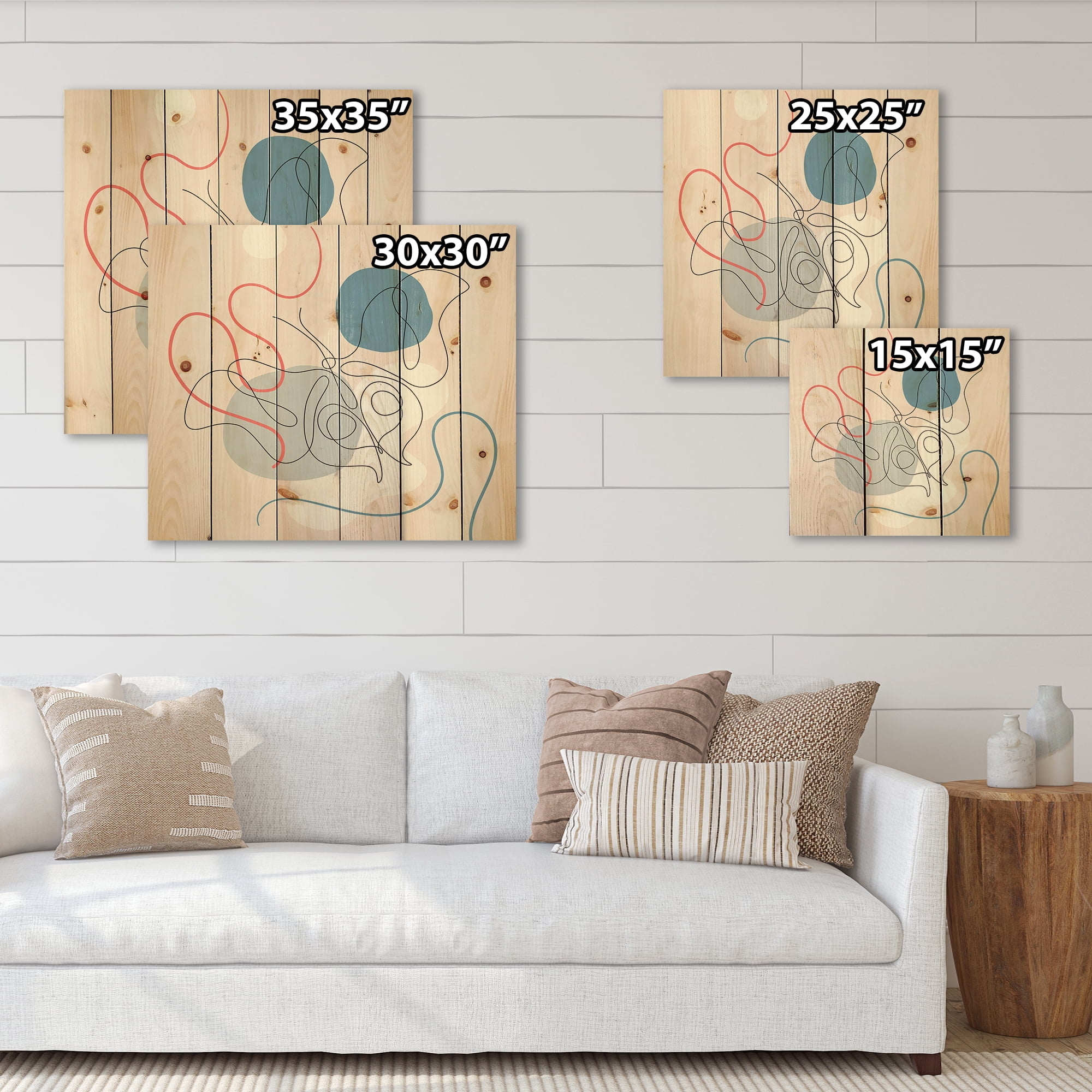 Designart 'Butterfly With One Line Drawing On Cubism Shapes II' Modern Print on Natural Pine Wood