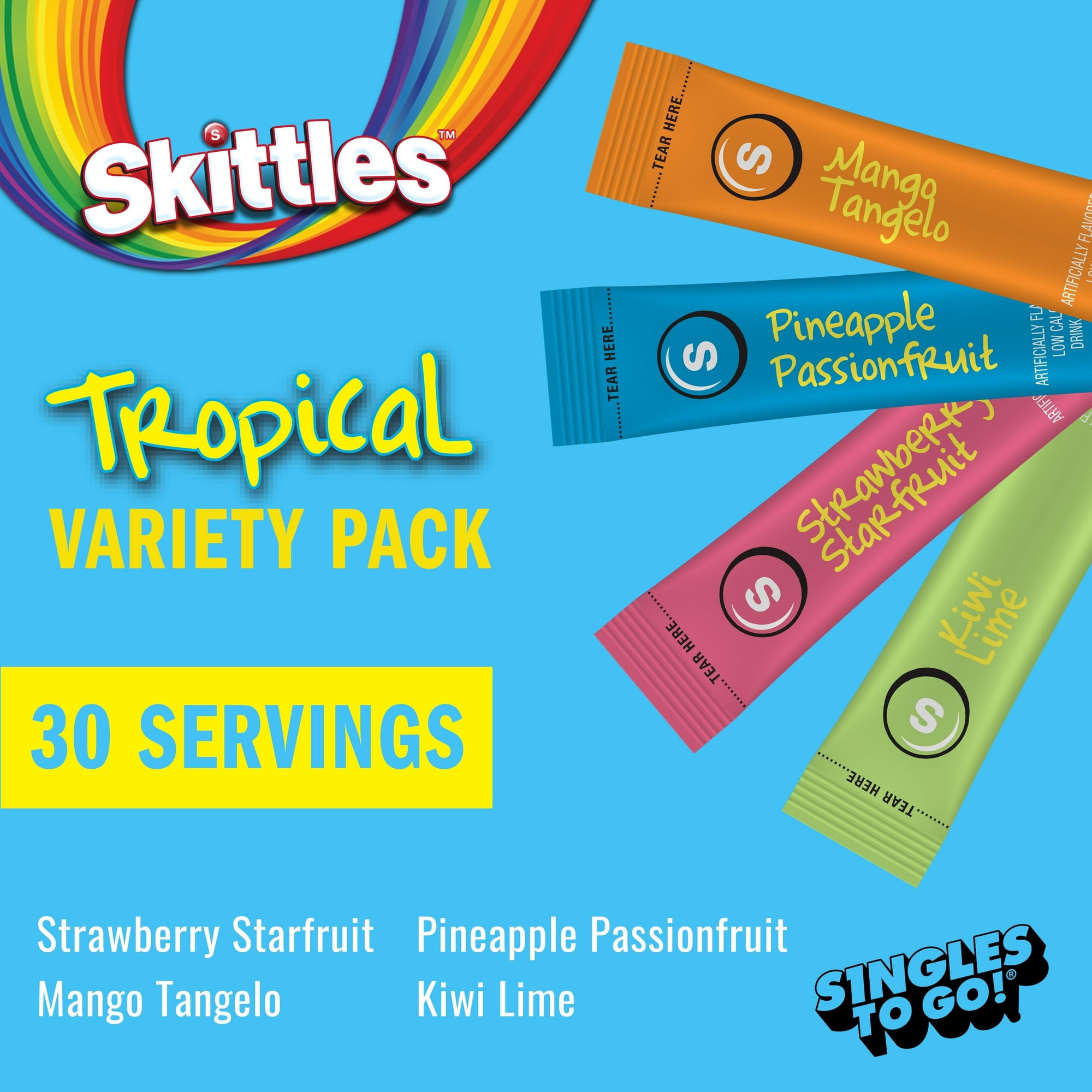 Skittles Zero Sugar Variety Pack Singles-to-Go Powdered Drink Mix, Tropical, 30 Count Packets