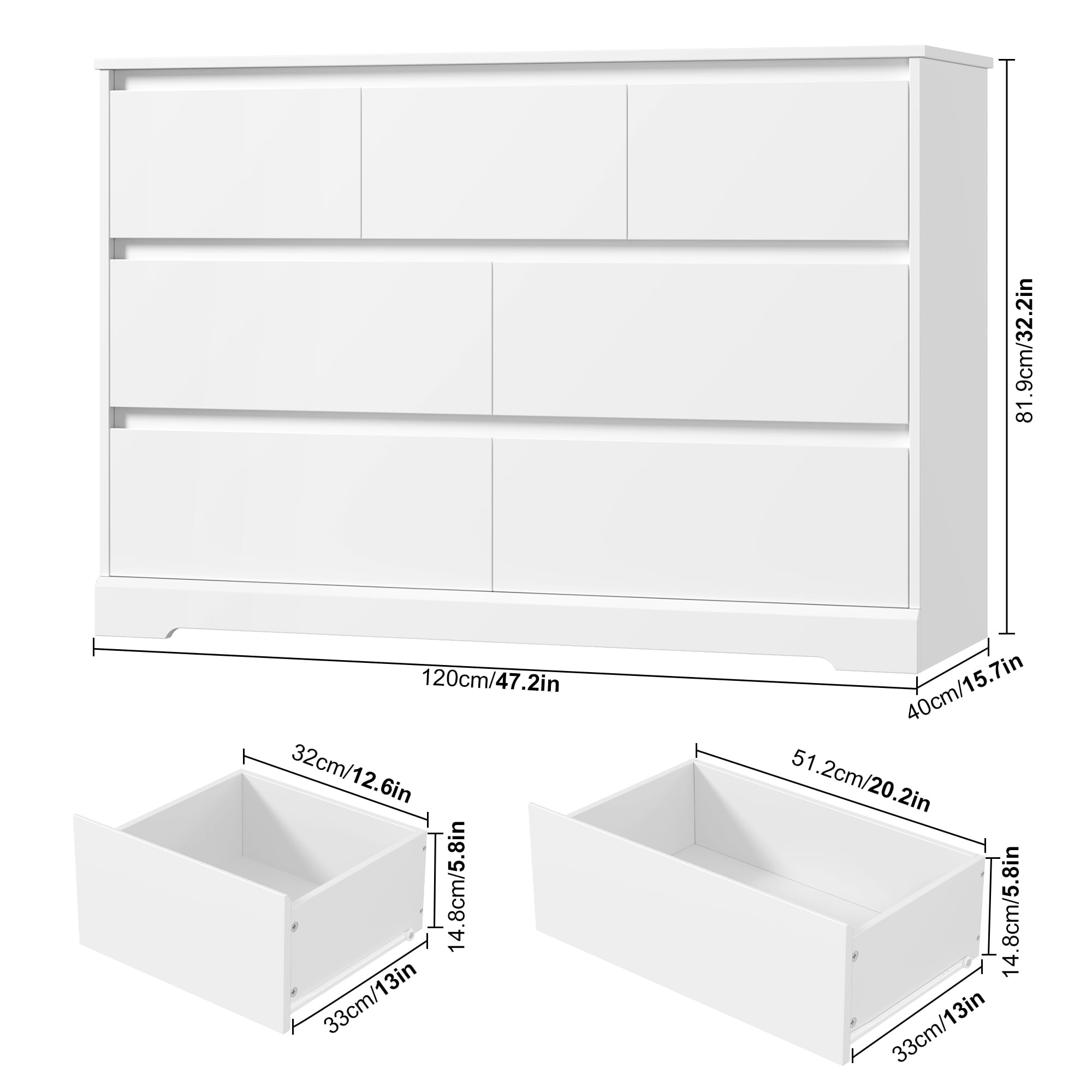 Homfa 7 Drawer Double Dresser, 47.2"W Contemporary Wood Chest of Drawer Storage Cabinet for Bedroom Living Room, White
