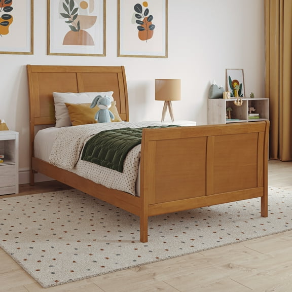 Portland Twin Low Profile Platform Bed with Matching Footboard in Light Toffee