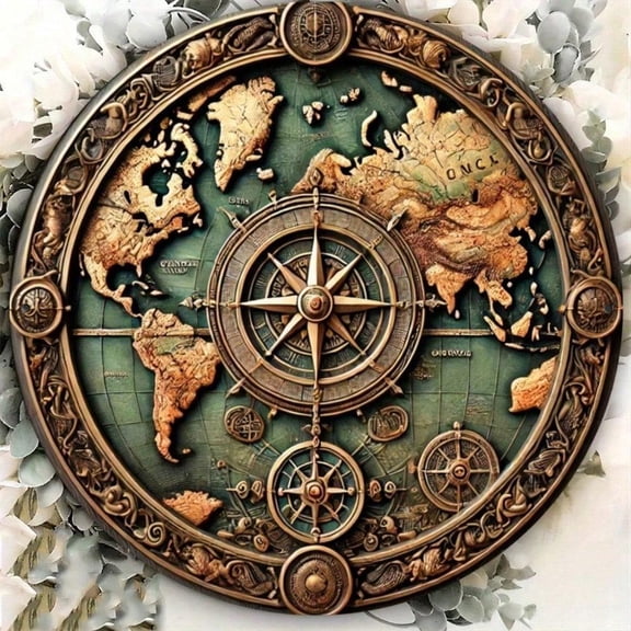 HELLOYOUNG Round Metal World Map Wall Art with Compass, 7.87 Inch Nautical Vintage Decor for Living Room Bedroom Office, Unique Birthday Gift for Traveler
