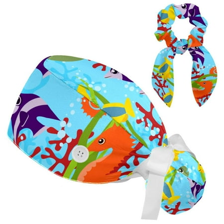 

Working Cap with Buttons and Sweatband Scrub Hat Bouffant Caps with Scrunchie Sea Creatures Tie Back Hats