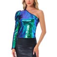 thumbnail image 1 of INSPIRAR CHIC Blusa de Mujer con Lentejuelas de Un Hombro, Manga Abullonada, para Fiesta de Cóctel, Brillante y Reluciente, Talla M Verde, 1 of 5