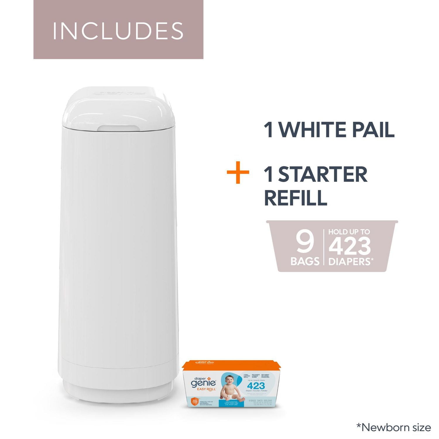 Diaper Genie Essence Diaper Pail, White, Odour-Locking Clamps, 9 Easy Roll bags / holds up to 423 diapers