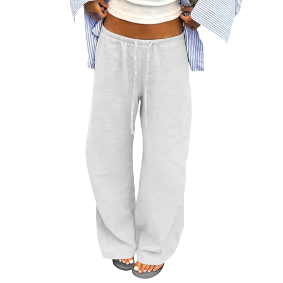 WULMLEO Cotton Linen Wide Leg Pants for Women Flowy Summer Beach Palazzo Bottoms Elastic Waist Vacation Travel Trousers with Pockets White XL