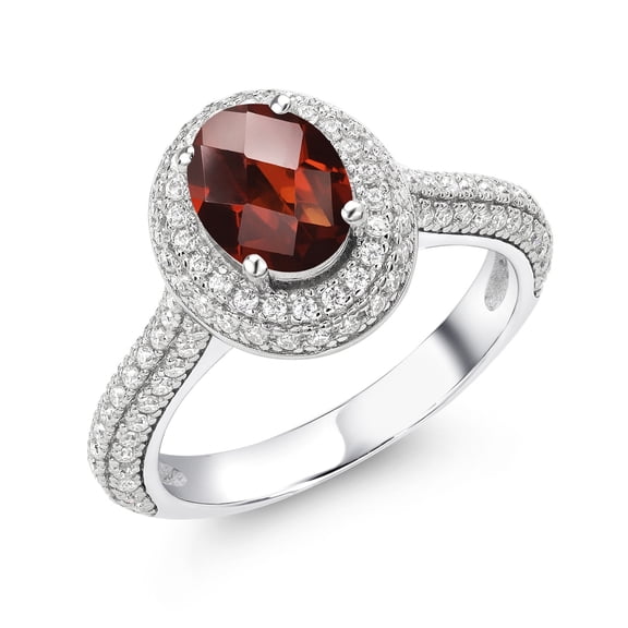 Gem Stone King 925 Sterling Silver Oval Checkerboard Red Garnet and Moissanite Women Ring (2.17 Cttw, Gemstone Birthstone, Available in Size 5, 6, 7, 8, 9)