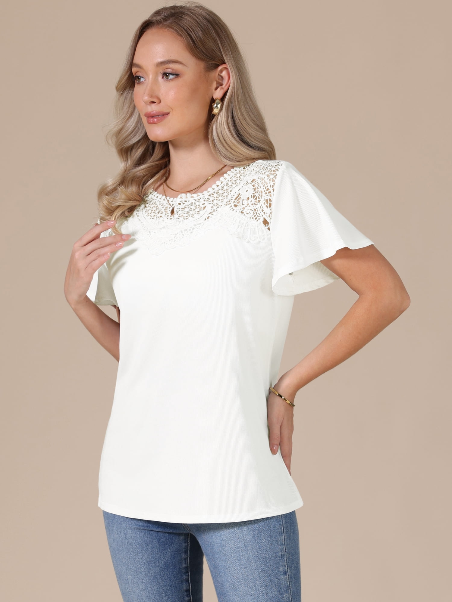DARING DIVA Women's Short Sleeve Shirts V Neck Dressy Casual Tunic Tops M White