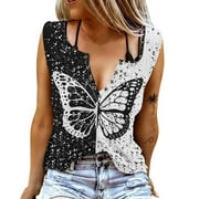 Yourumao Women Clearance Tops Vneck Tops for Juniors Summer Fall Sleeveless Colorblock Butterfly Graphic Brunch Cami Tank Blouse Vests Teen Girls Button 2023 Clothes Trendy