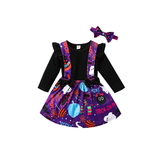 Trajes De 3 Piezas Halloween Para Niñas Bebés, Camiseta + Falda Tirantes Fantasma + Diadema XBTCLXEBCO Negro;18-24 Meses