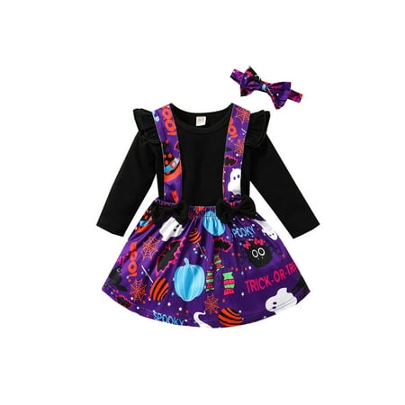 

Tretra Halloween Baby Girl Ruffle Long Sleeve Tops Suspender Pumpkin Bat Ghost Skirt+Headband