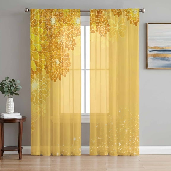 Yellow Golden Floral Sheer Curtains 63 Inch Length 2 Panels Set, Spring Summer Shiny Flowers Voile Window Treatment Rod Pocket Curtains Sheers Drapes for Bedroom/Living Room/Kitchen 52x"63"x2