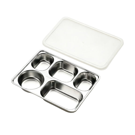 Tableware 304 Stainless Steel Dinner Plates for Cafeteria with Compartments and Lids Five-Compartment Design Adult Sized Dishware for Meals