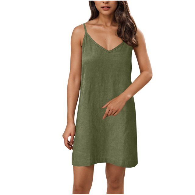 Dvprdro Robe d'Été en Coton à Bretelles Spaghetti pour Femmes 2025 Décontractée Classique Légère Col en V Plage Soleil