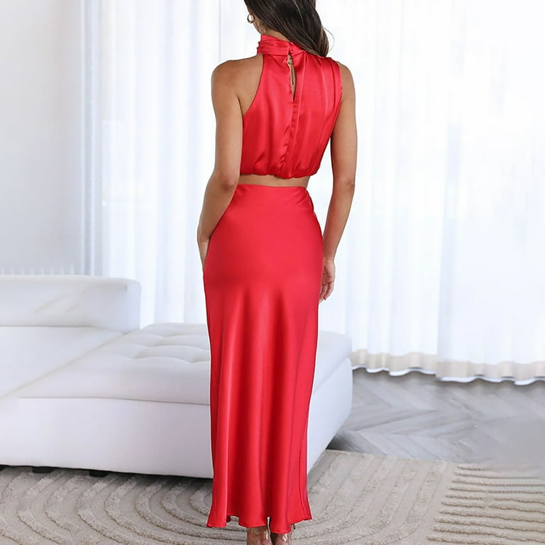 Women's Summer Satin Two-Piece Maxi Dress Set - Mock Neck Sleeveless Top &  Side Slit Skirt, Formal Casual Party Wear - Walmart.com