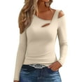 thumbnail image 2 of SYMOID Womens Beige Cold Shoulder Cut Out Long Sleeve Top - Asymmetrical Neckline, Form-Fitting Polyester Spandex Casual Top,Size 2XL, 2 of 5