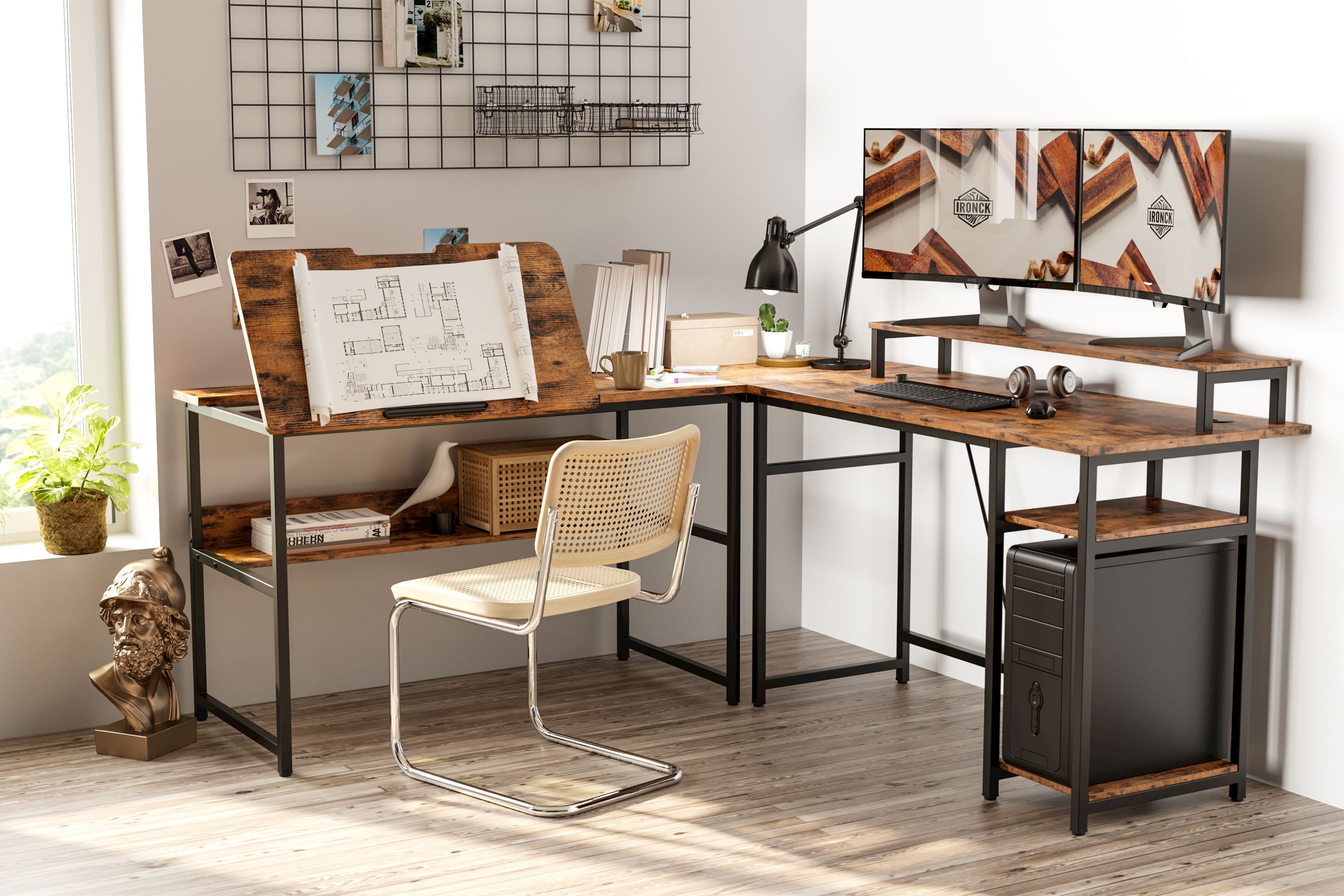 Solid Wood L Shaped Desk Industrial Sit-Standing L Desk with Storage Shelves 