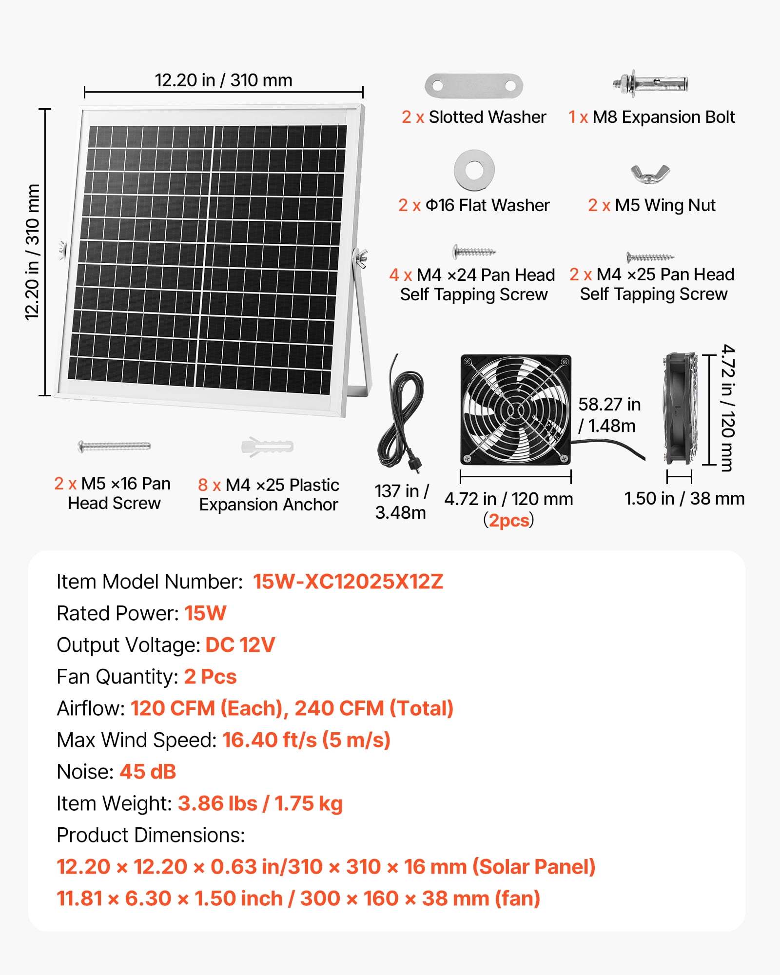VEVOR Solar Powered Fan, 15W Solar Panel with 2 Fans, Adjustable Solar Panel Angle, 2668 RPM High-Speed, Flexible Installation, Fast Air Exchange for Greenhouse, Grow Tents, Chicken Coops, Shelters