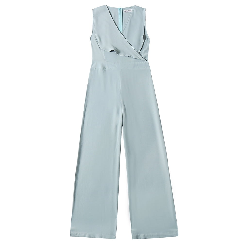 Blyent Womens V Neck Wide Leg Trousers Solid Sleeveless Jumpsuit