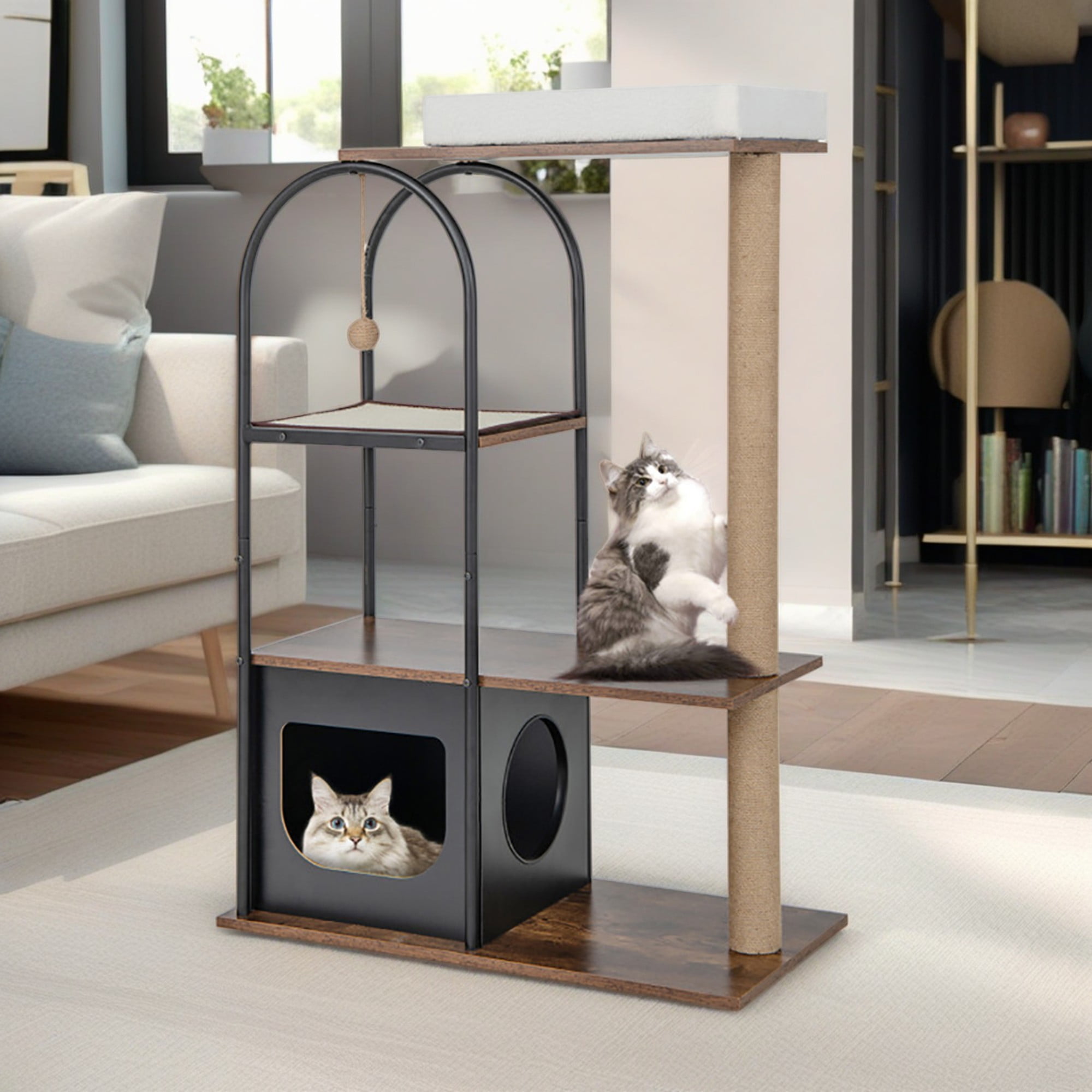 Kadyn 47" Wood Cat Tree Tower Furniture, Cat Condo with Metal Frame, Scratch Post for Kittens Cat Tree House, Black