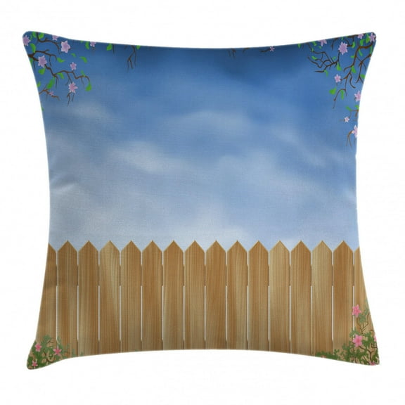 Farm House Decor Throw Pillow Cushion Cover, Wooden Garden Plank with Swirled Spring Season Bloom Up Tranquil Landscape, Decorative Square Accent Pillow Case, 16 X 16 Inches, Blue Brown, by Ambesonne