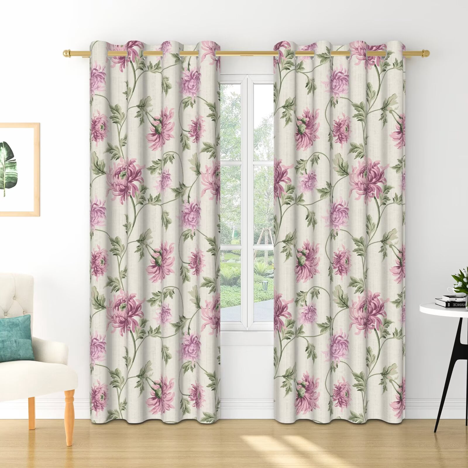 Nanqianyi Pink Floral Blackout Curtains, Linen Texture Vine Grommet Drapes for Living Room Bedroom, 2 Panels, 52"W x 84"L