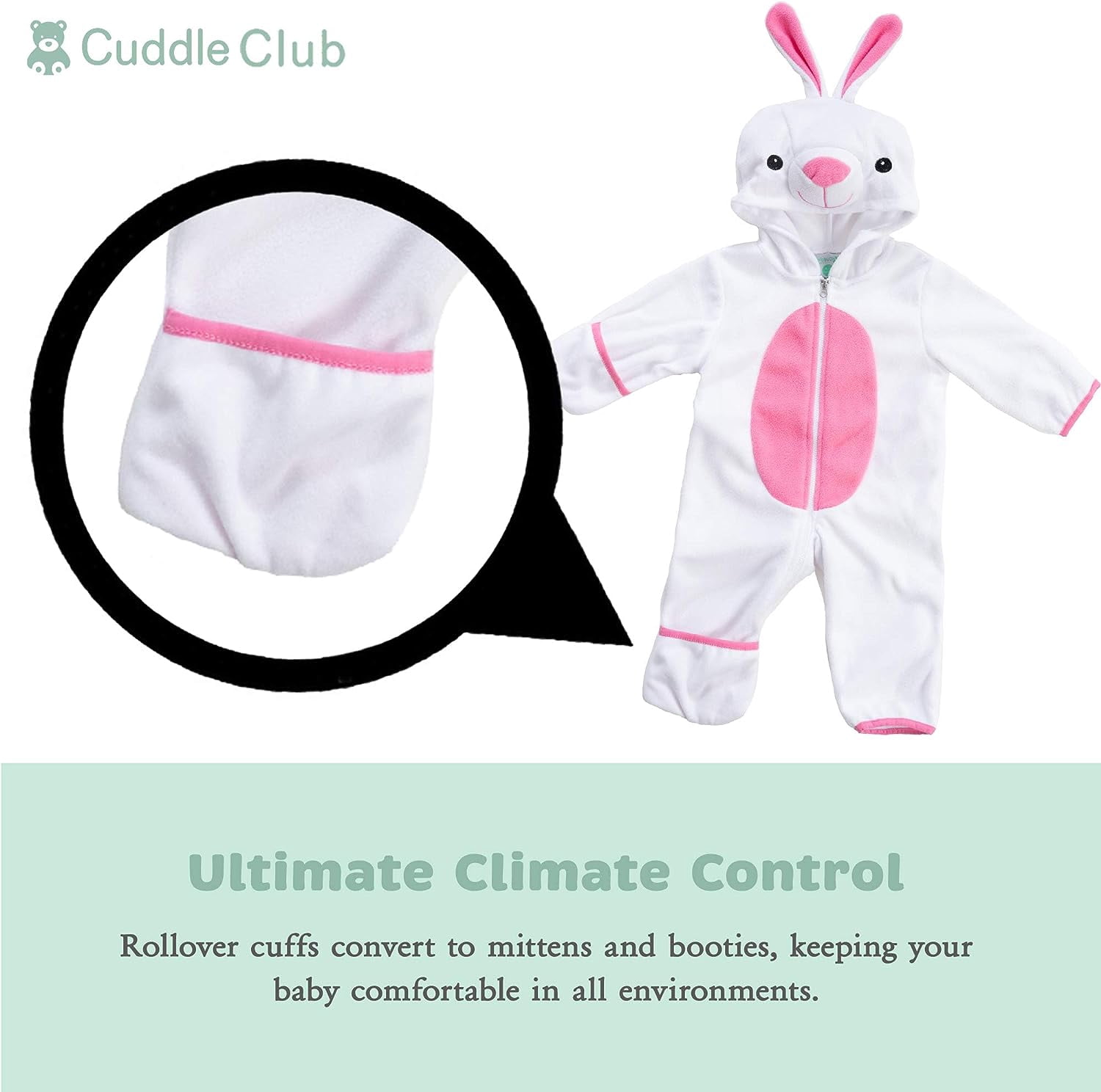 Cuddle Club One Piece Romper Hooded Fleece Onesie Jumper for Baby, White Pink Bunny 3-6 Mos