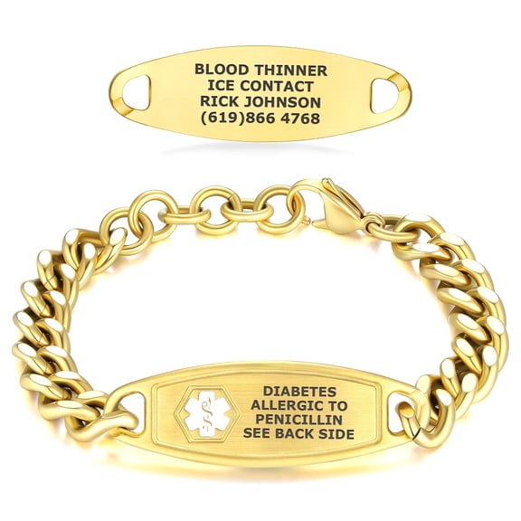 Divoti Medical Alert Bracelets for Men, Custom Engraved Steelman Medical ID Bracelet, w/Adjustable Large Curb Chain — PVD Gold/White